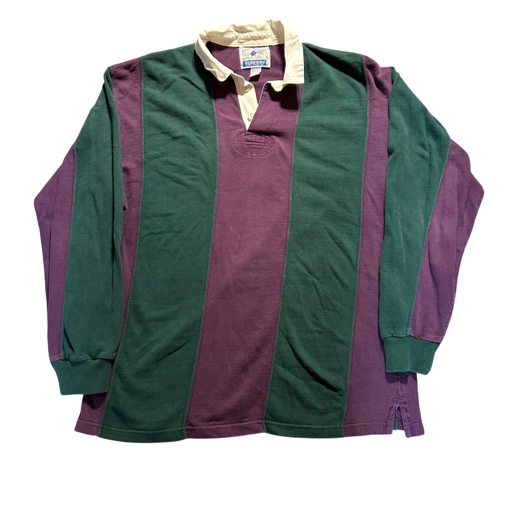 VTG Lands End Rugby Shirt Mens XL Tall Green Purple Vertical Stripe Vintage USA